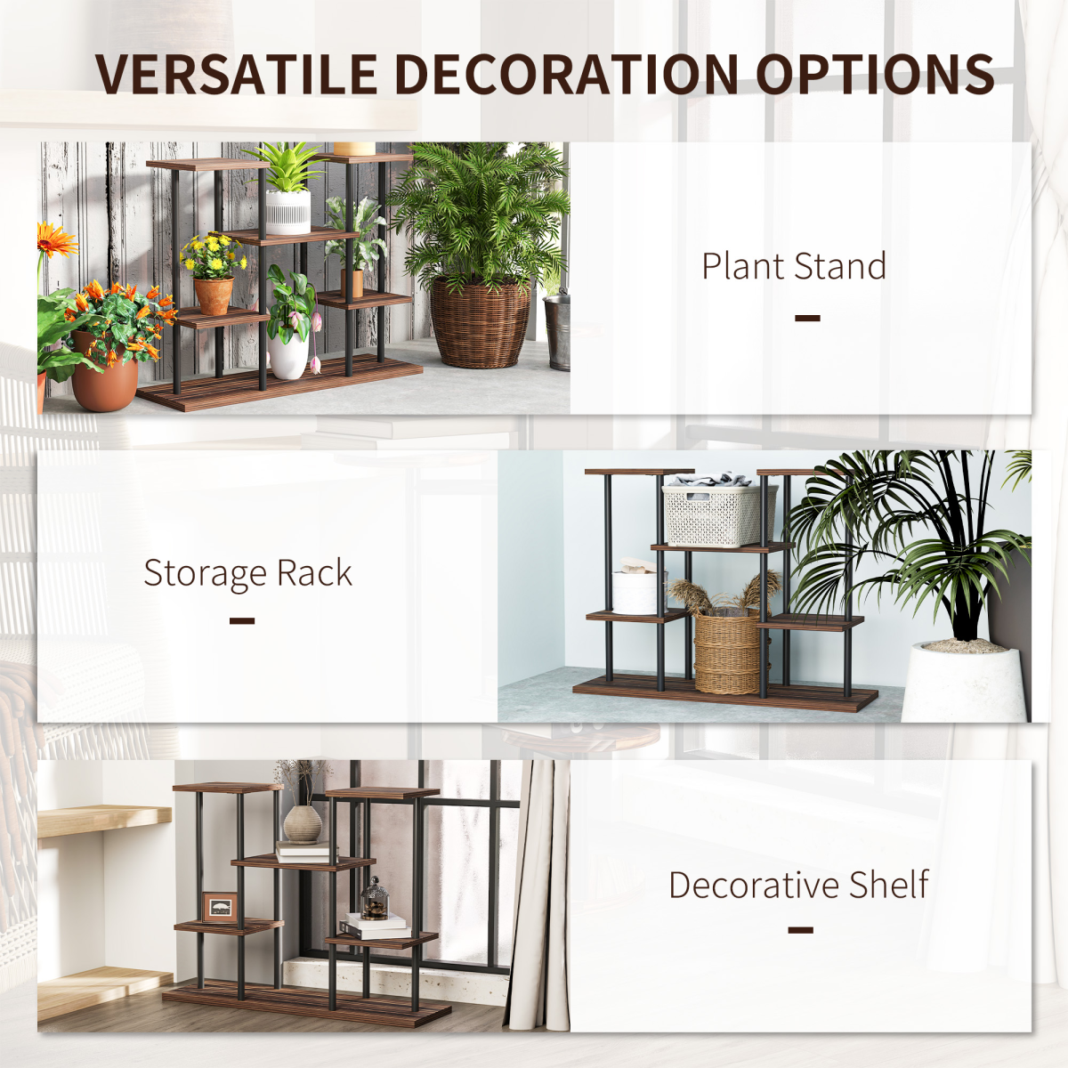 Outsunny 4-Tier Metal and Fir Wood Flower Shelf Display Rack, 6 Shelves, Black Carbonised Finish