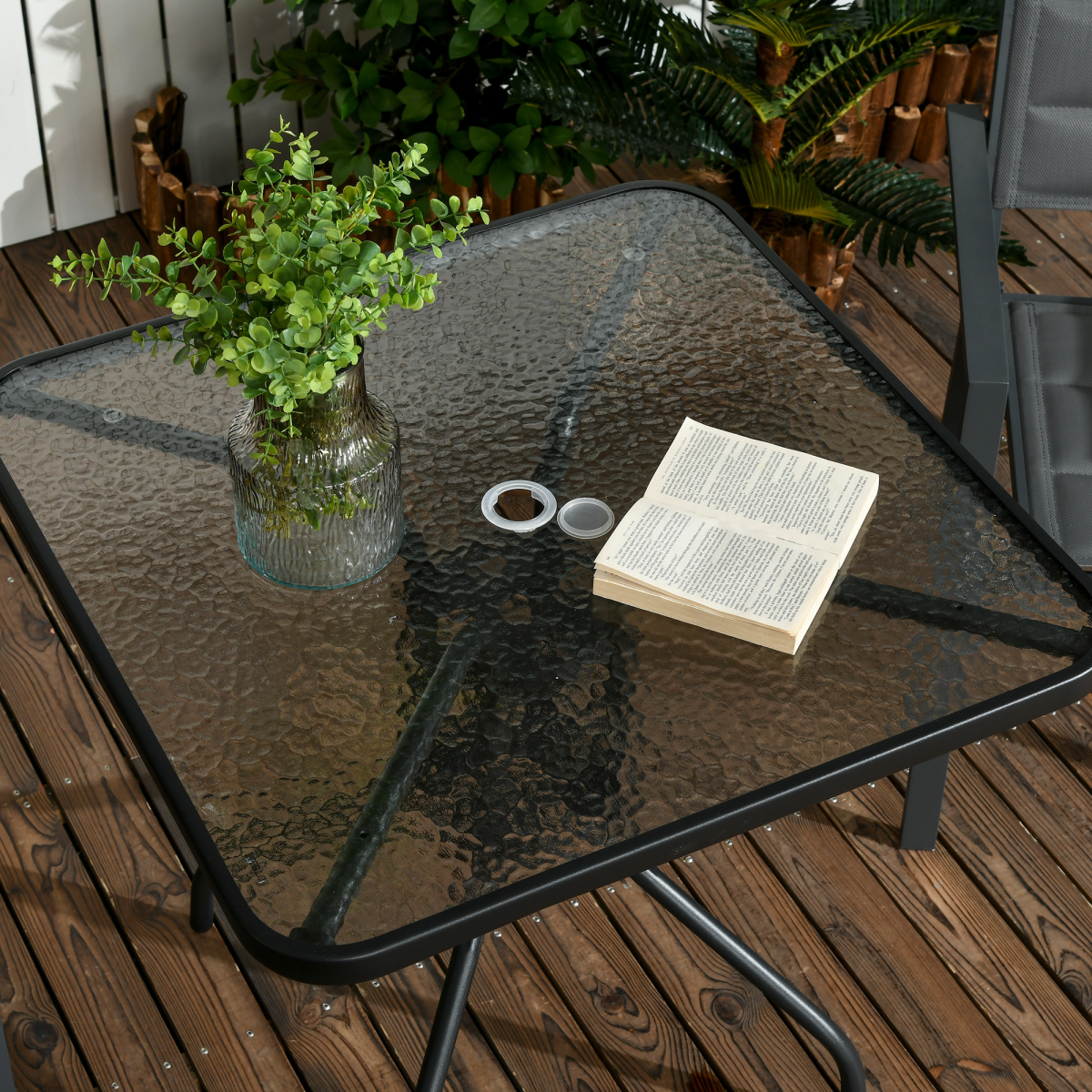 Square Square Patio Table with Tempered Glass Top, Steel Frame, 76 x 76cm Garden Dining Table