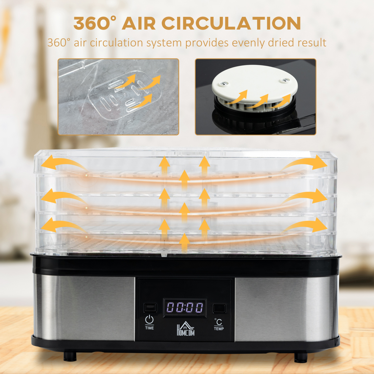 HOMCOM 5-Tier Stainless Steel Food Dehydrator, 245W, LCD Timer