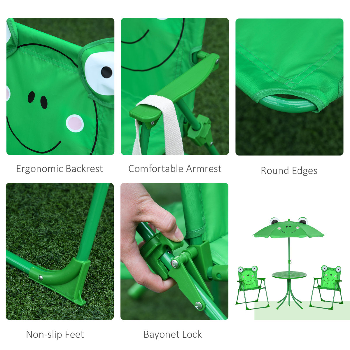 Foldable Kids Metal Patio Picnic Table Set with 2 Chairs and Parasol Umbrella, 4-Piece
