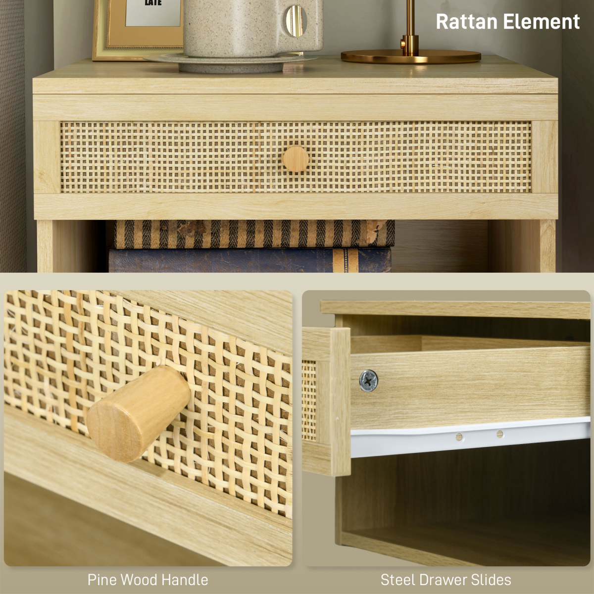 HOMCOM Set of 2 Floating Bedside Tables with Rattan Drawer & Shelf