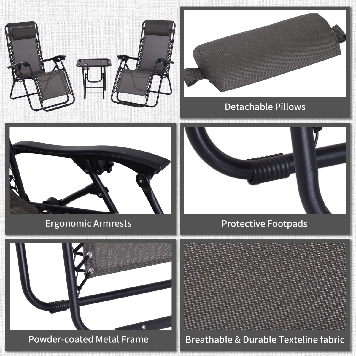 3-Piece Zero Gravity Sun Lounger Set with Side Table and Cup Holders, Dark Grey