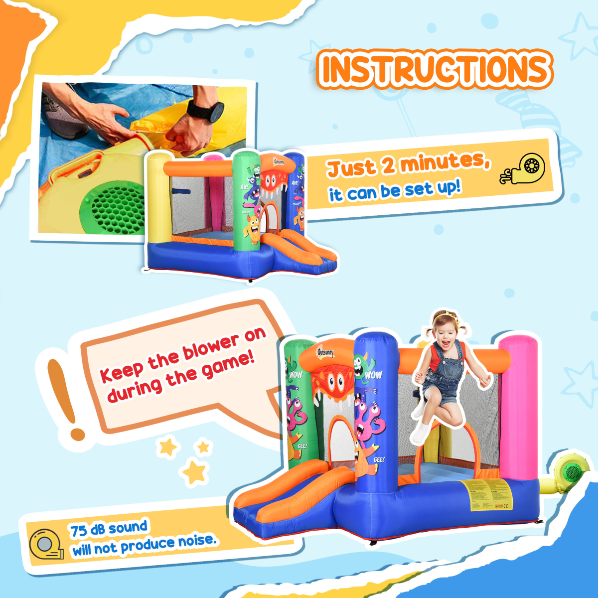 Monster Design Bouncy Castle with Slide, Trampoline & Basket