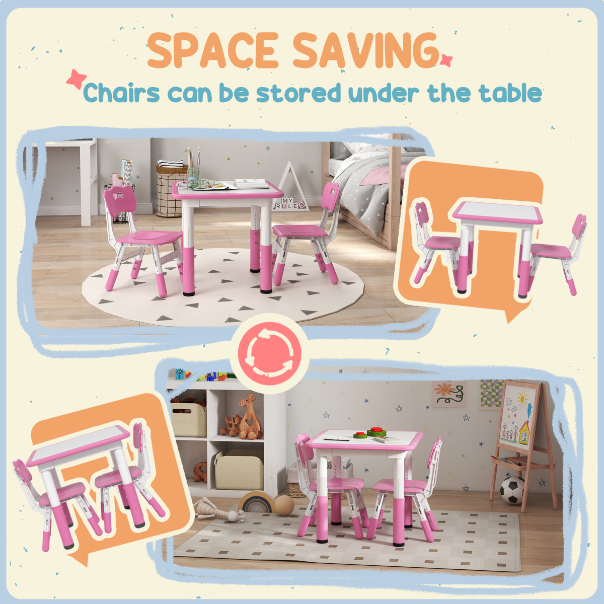 AIYAPLAY 3-Piece Adjustable Kids Table and Chair Set, Pink