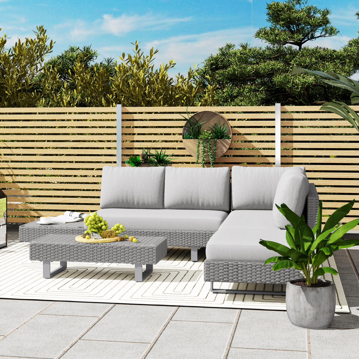 Outsunny 3-Piece Outdoor PE Rattan Sofa Set with Tea Table and Cushions, Light Grey
