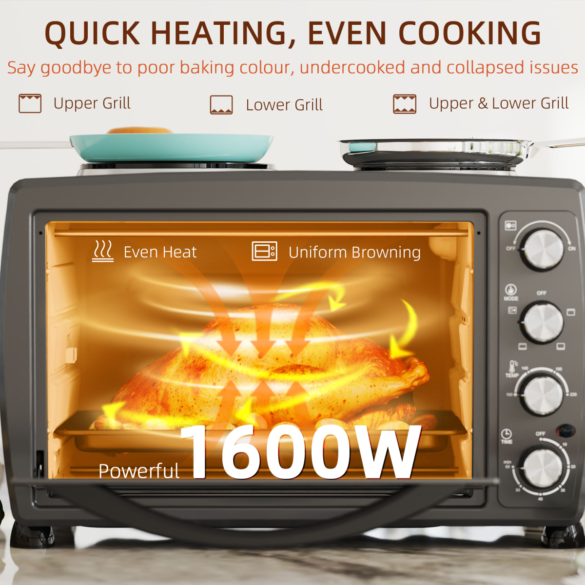 HOMCOM 36L Countertop Toaster Oven with Dual Hot Plates, 2600W