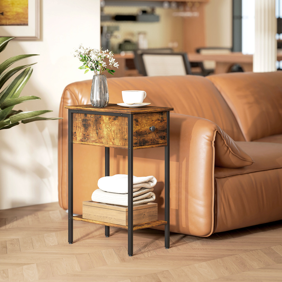 HOMCOM Industrial Narrow End Table with Drawer & Shelf, Rustic Brown
