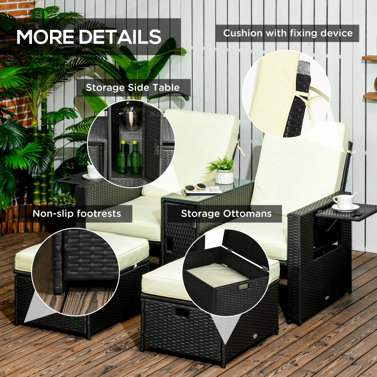Outsunny 5-Position Adjustable Rattan Sun Lounger Set with Table & Footstools, Black