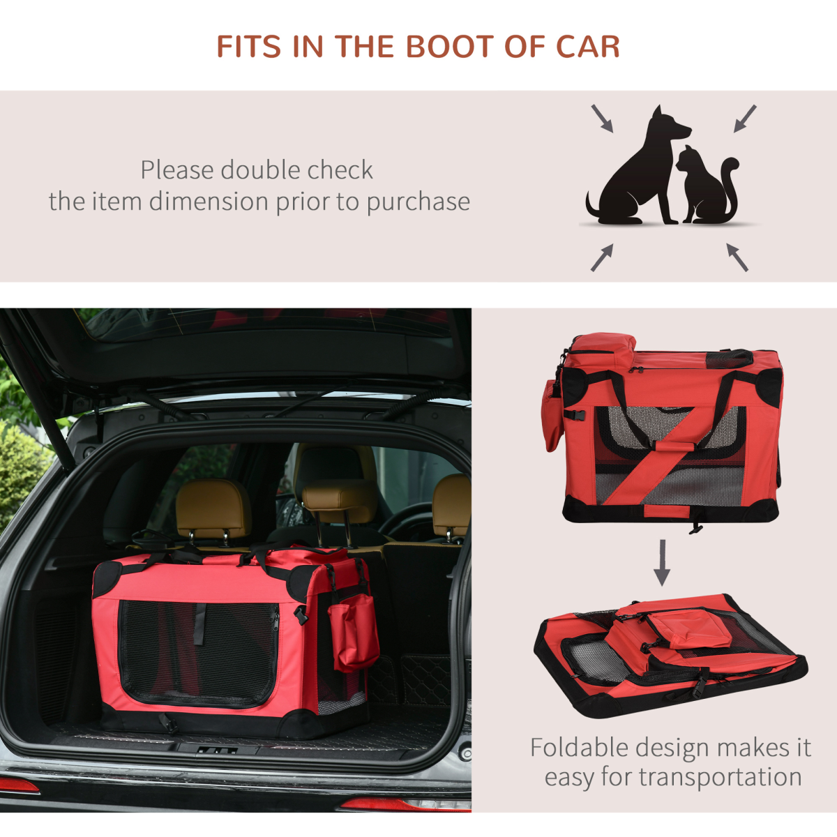 Pawhut Folding Soft Pet Carrier Bag with Mesh Windows and Carry Handles, 60 x 42 x 42 cm, Red
