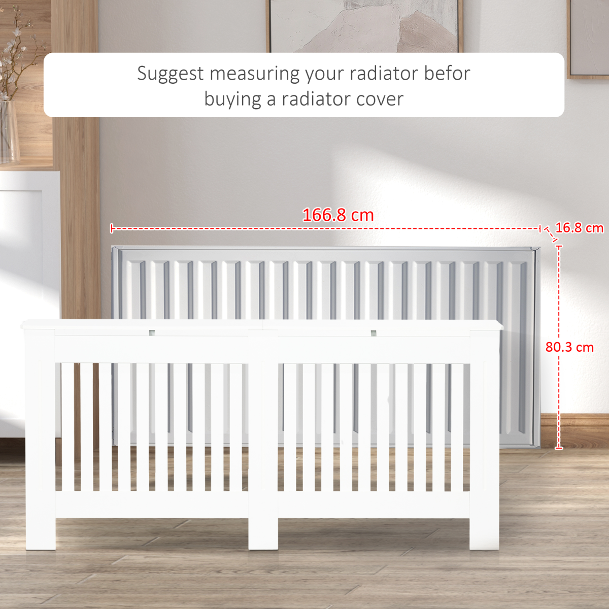 HOMCOM Painted Slatted MDF Radiator Cover Cabinet with Shelf, 172 x 19 x 81.5 cm