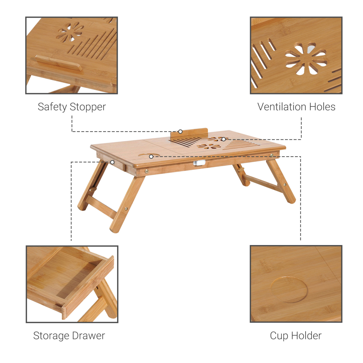 Portable Adjustable Bamboo Laptop Bed Tray Table with Drawer and Cup Slot
