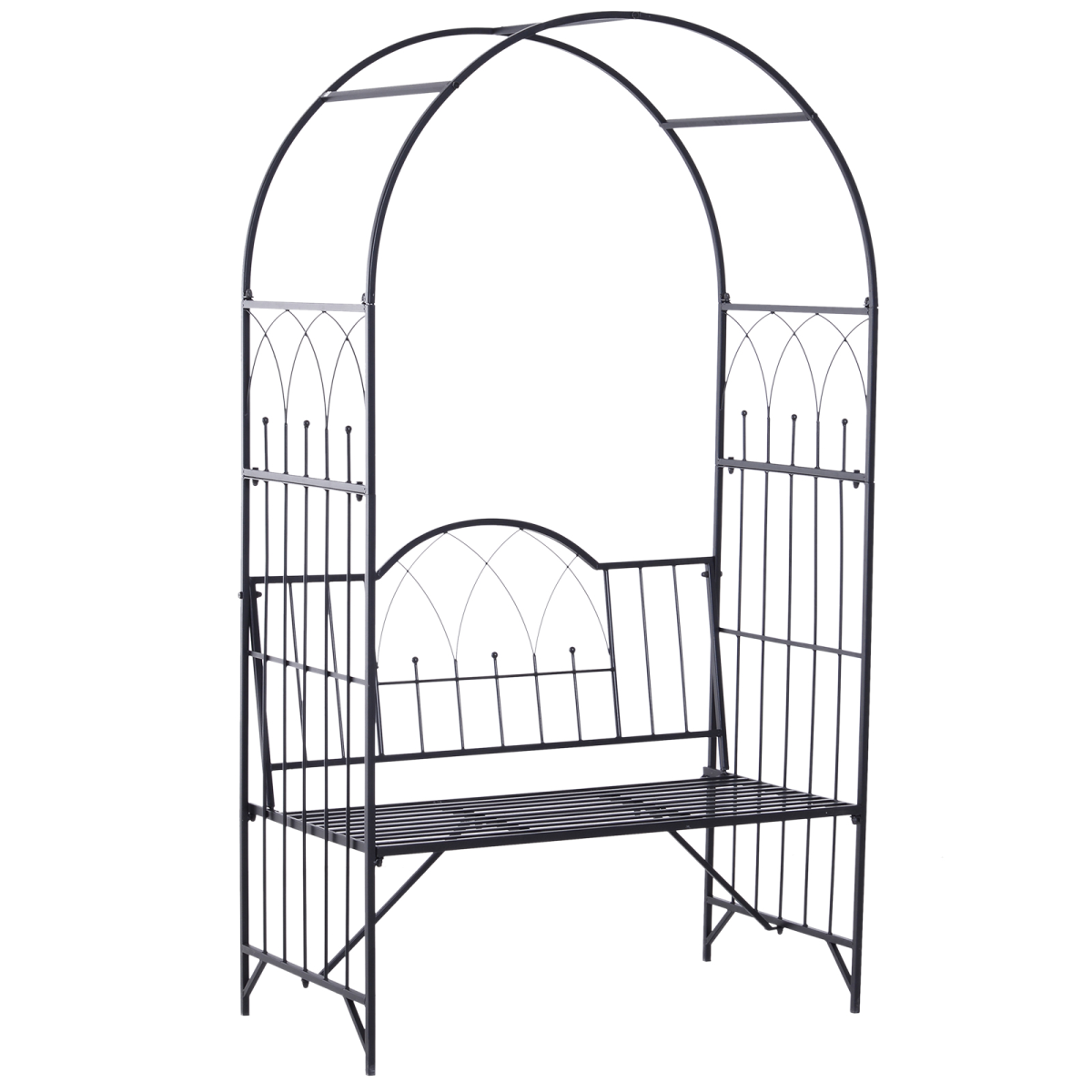 Outsunny Garden Arch Bench with Trellis Arbor, Outdoor Patio Metal Bench for Climbing Plants, Antique Black