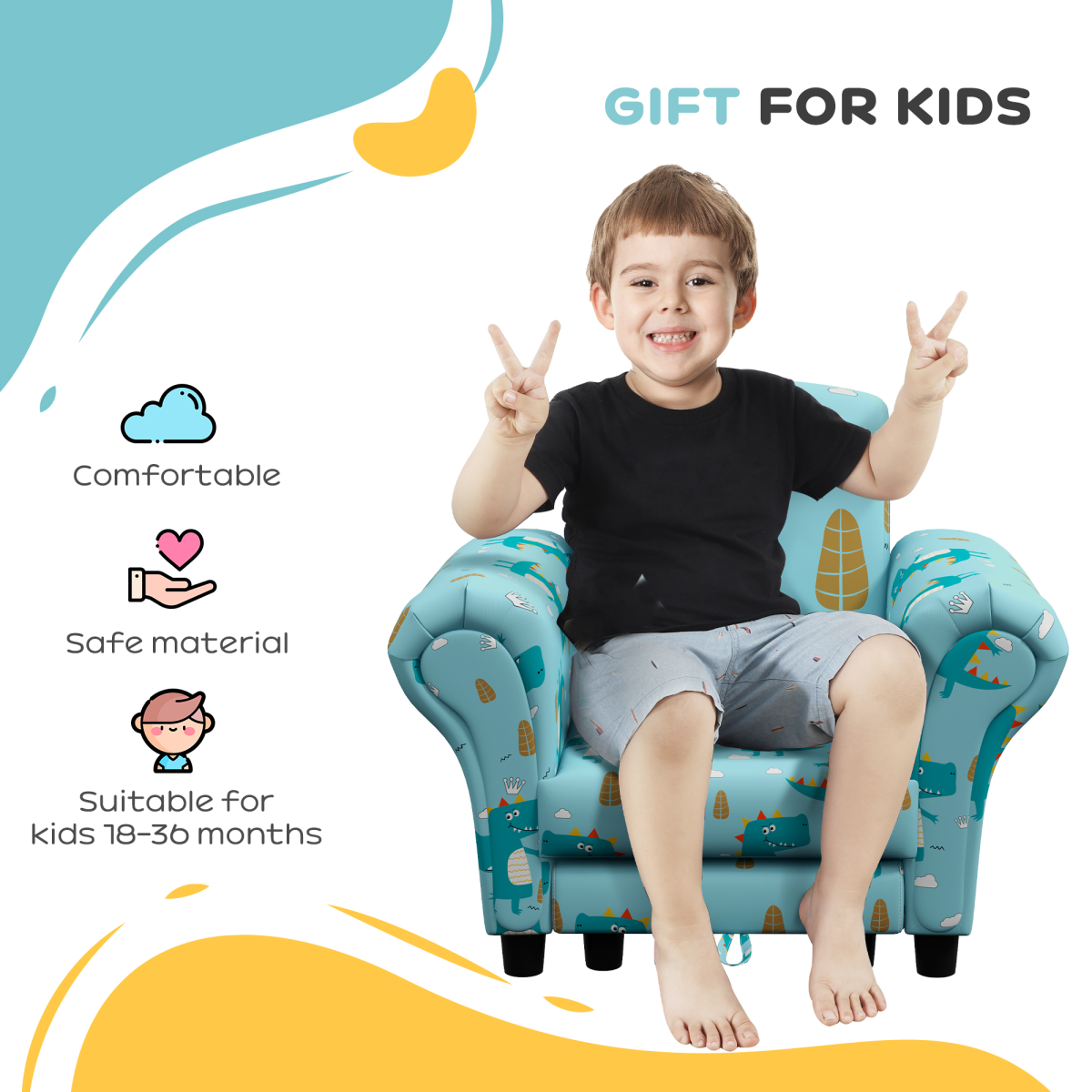 AIYAPLAY 2 Piece Kids Sofa Set, Dinosaur Print, Blue for Nursery