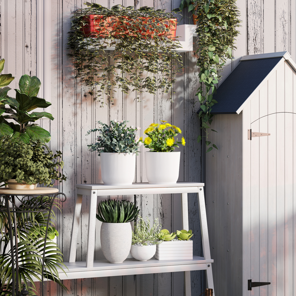 Outsunny Set of 2 Round Plastic Plant Pots 22cm White, Stackable Indoor and Outdoor Garden Pots