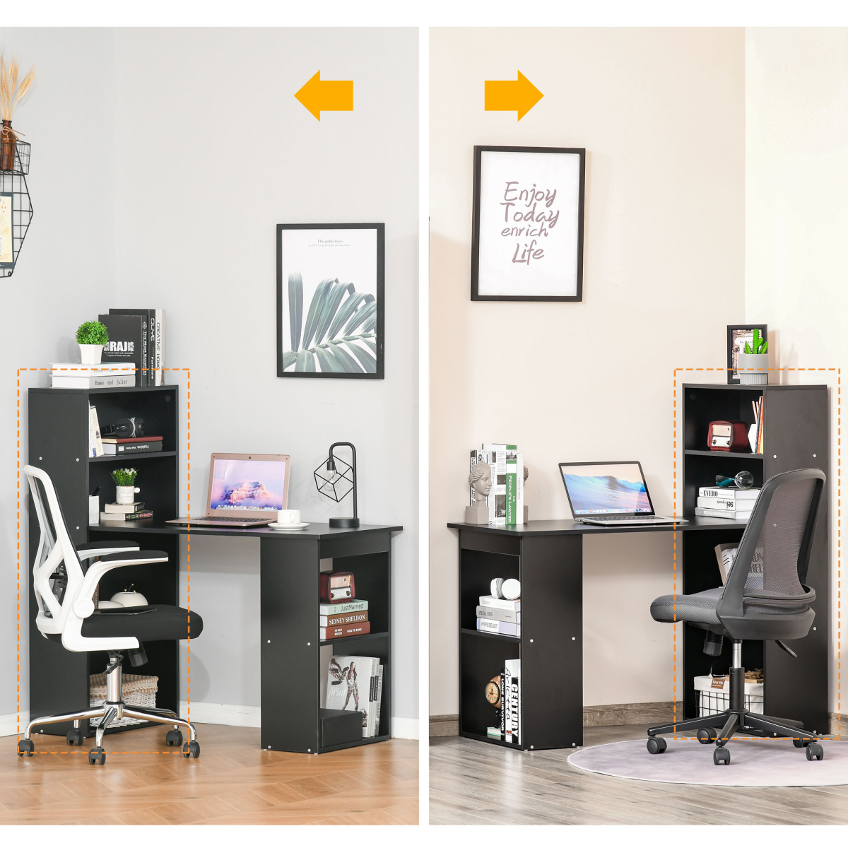 HOMCOM Computer Desk, 120 x 55 x 120 cm, Black, Space-Saving Design with 6 Shelves and Cubby Storage