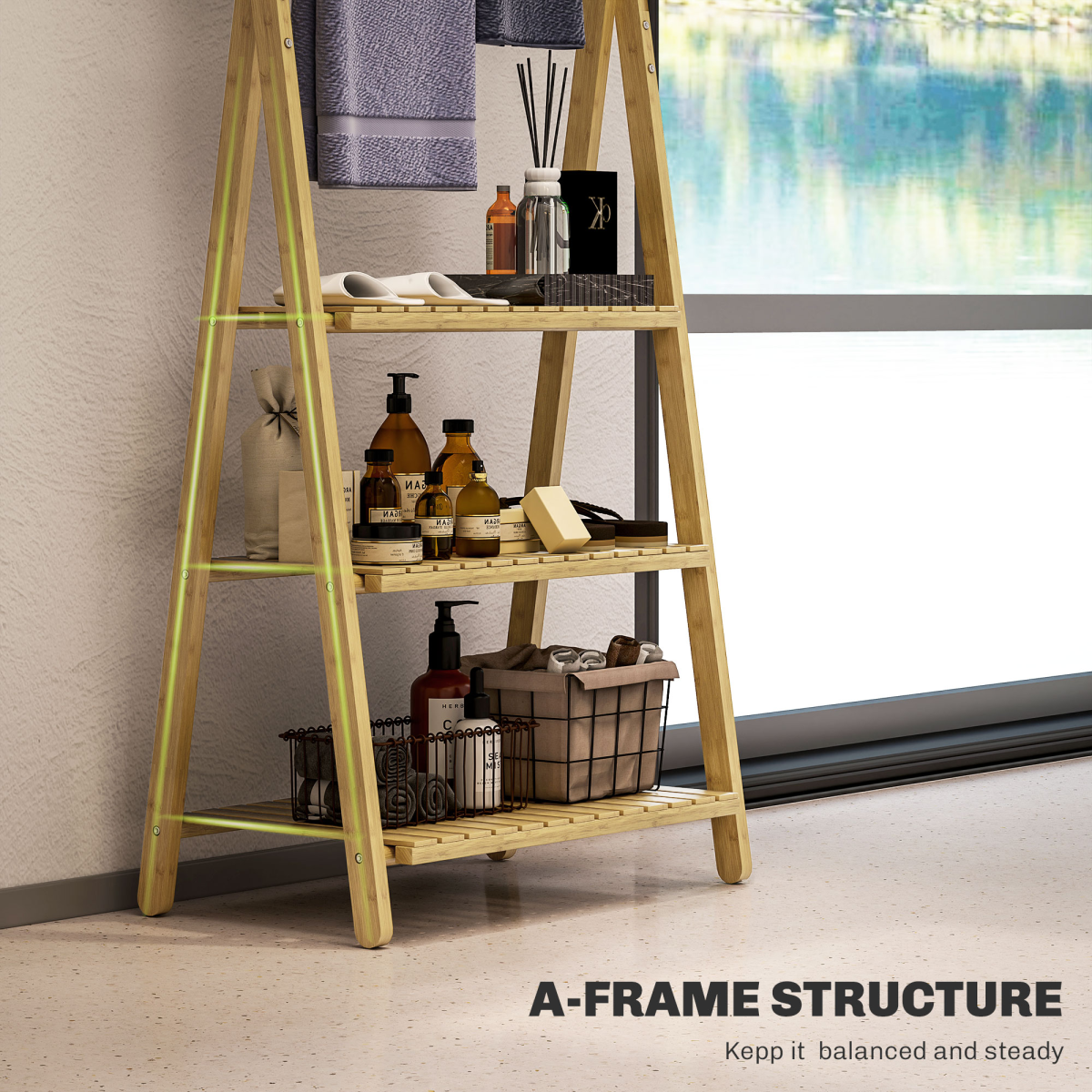 HOMCOM 3-Tier Folding Bamboo Bathroom Shelf with Towel Bars