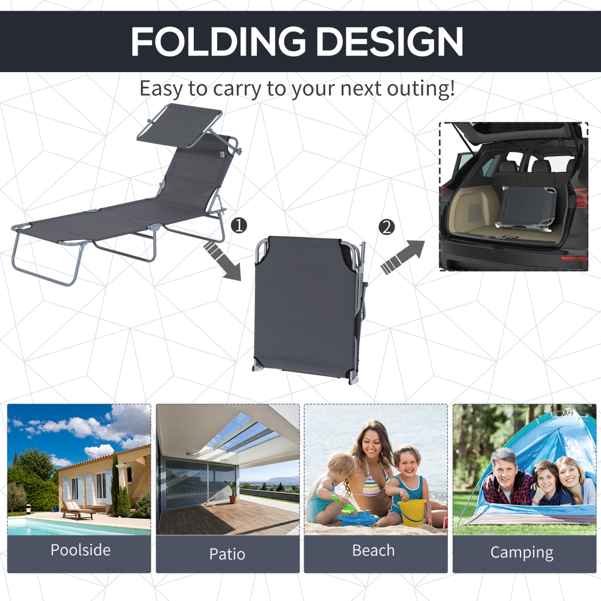 Outsunny Folding Sun Lounger Recliner with Adjustable Awning, Grey