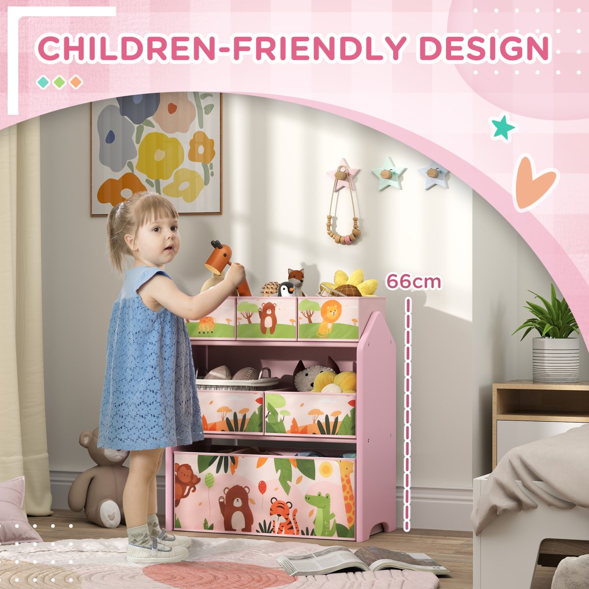 AIYAPLAY Kids 3-Tier Toy Storage Unit with 6 Removable Boxes, Pink