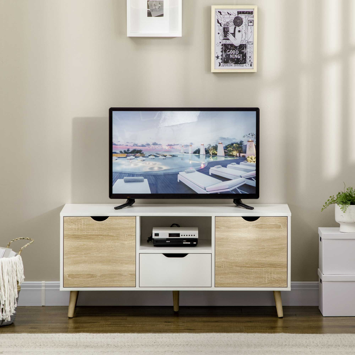 Modern TV Unit Cabinet Stand for TVs up to 50in with Open Shelf, Drawer and 2 Cupboards