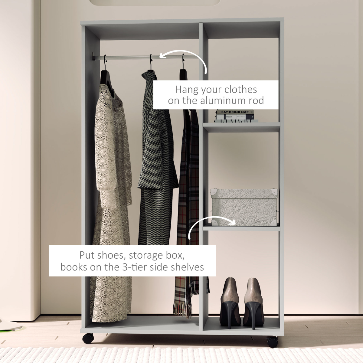 HOMCOM Rolling Open Wardrobe with Hanging Rail & Shelves, Grey