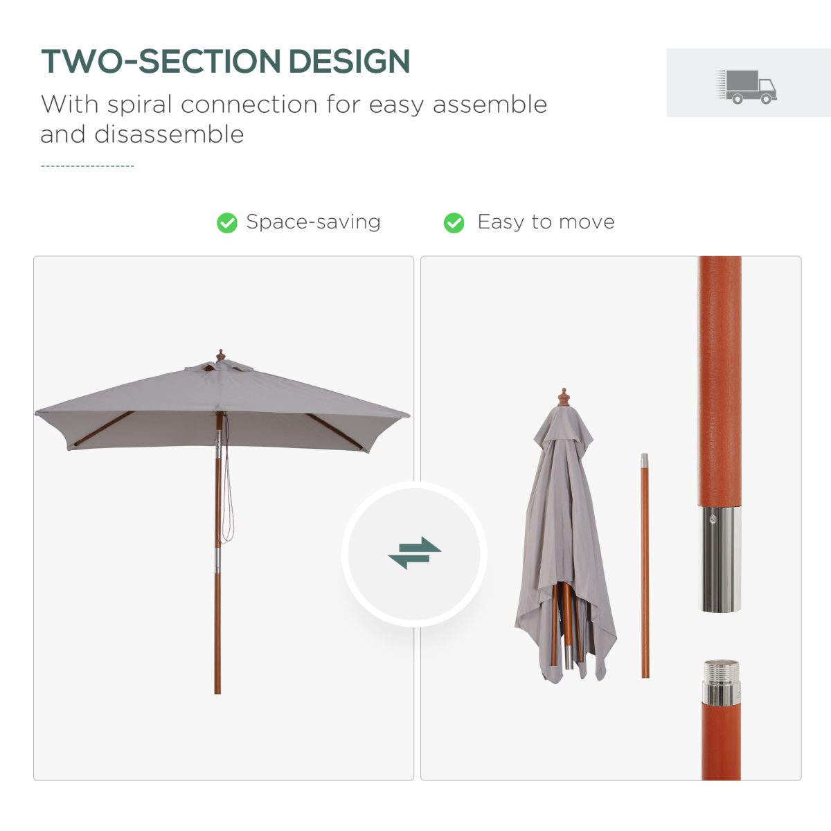 Outsunny Wooden Tilting Patio Umbrella, Grey, 6-Rib Sunshade