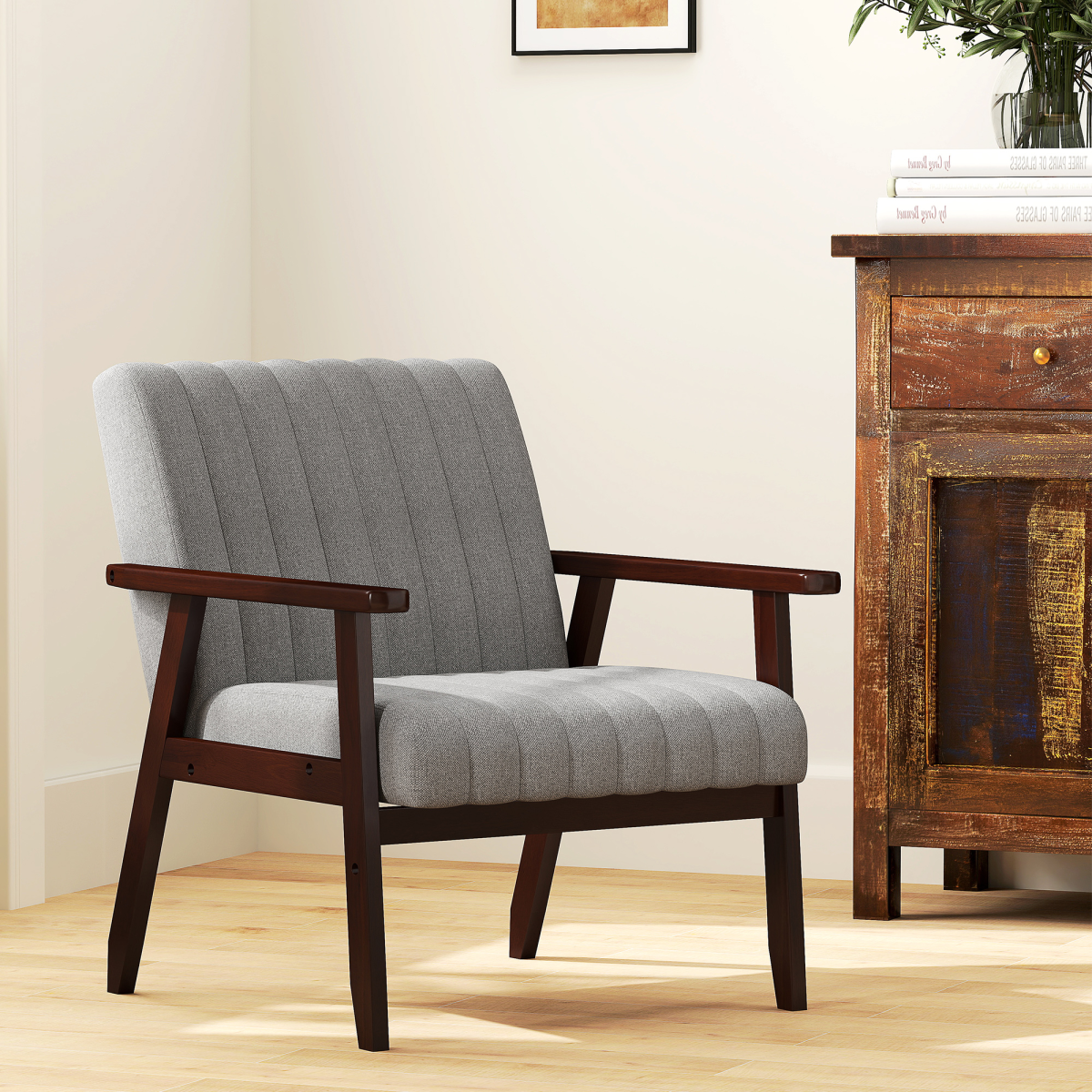 HOMCOM Modern Grey Accent Chair, Upholstered Armchair with Brown Legs