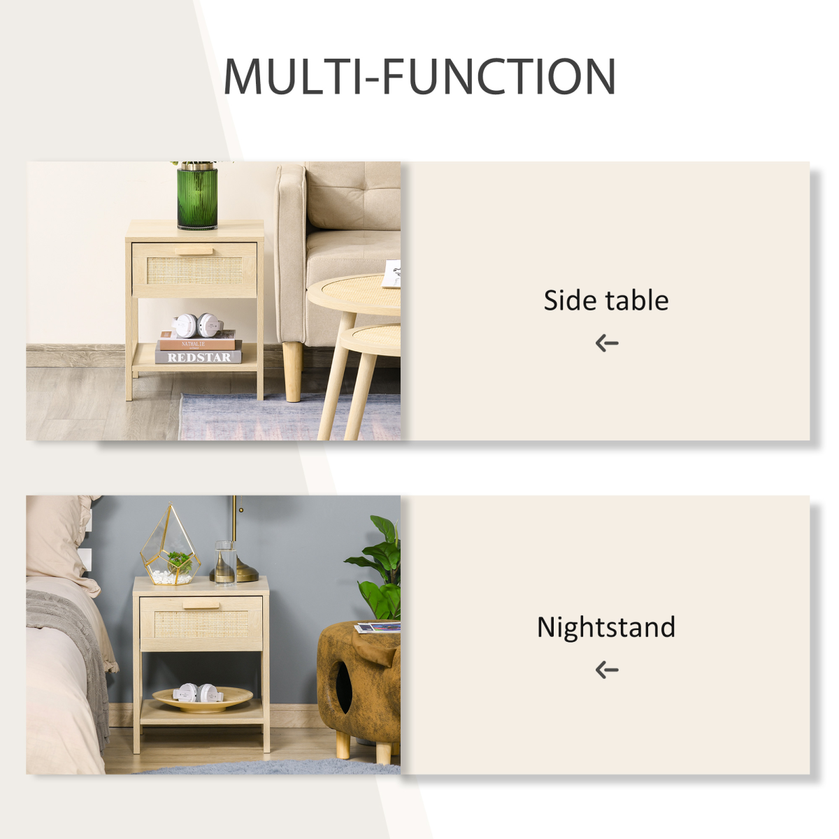 Rattan Nightstand with Drawer & Shelf, Wood-Effect Bedside Table