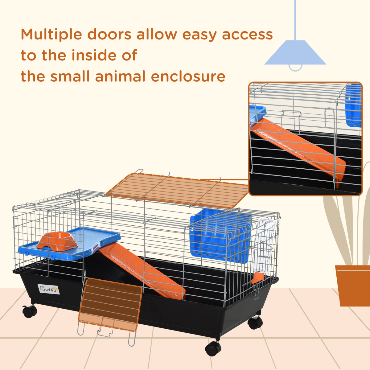 Pawhut 89cm Small Animal Home Cage with Wheels, Platform, Ramp, Hay Feeder, Water Bottle and Food Dish, Black