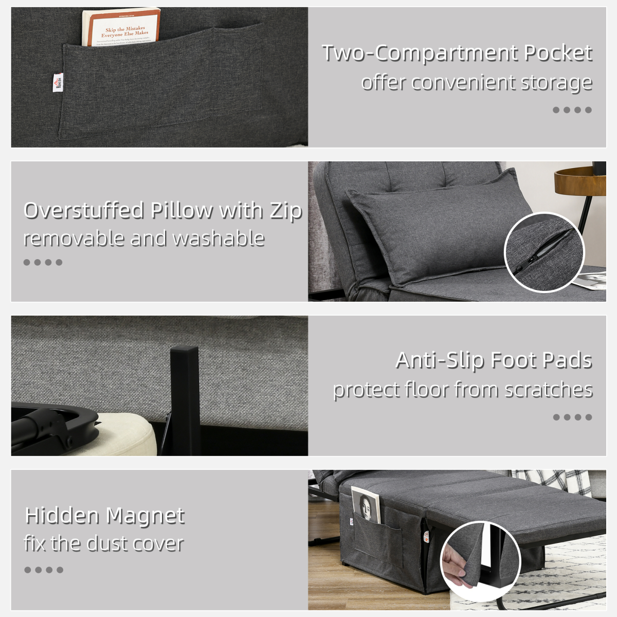 HOMCOM Folding Sleeper Chair Bed with Pillow & Side Pockets, Charcoal Grey
