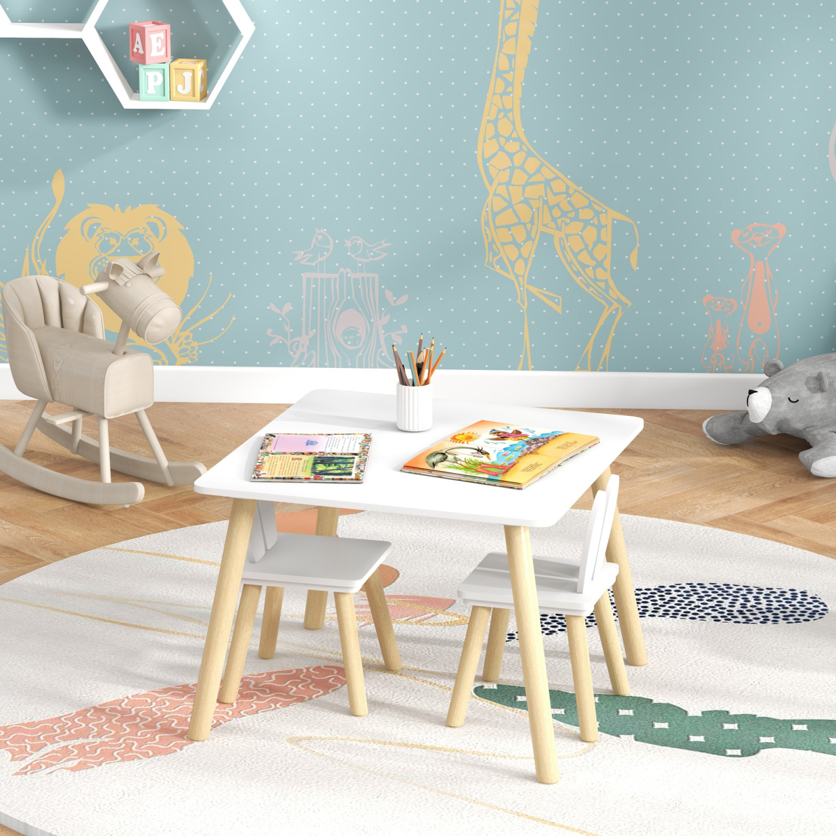 AIYAPLAY 3-Piece Toddler Table and Chair Set, Bunny Ear Design