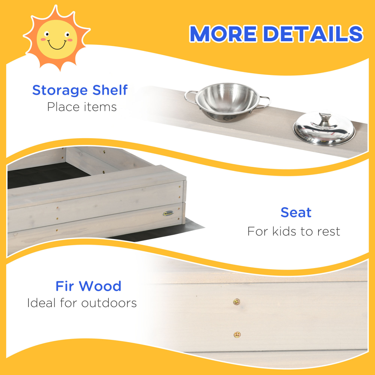 Outsunny Kids Wooden Sandbox with Canopy, Seat & Kitchen Toys