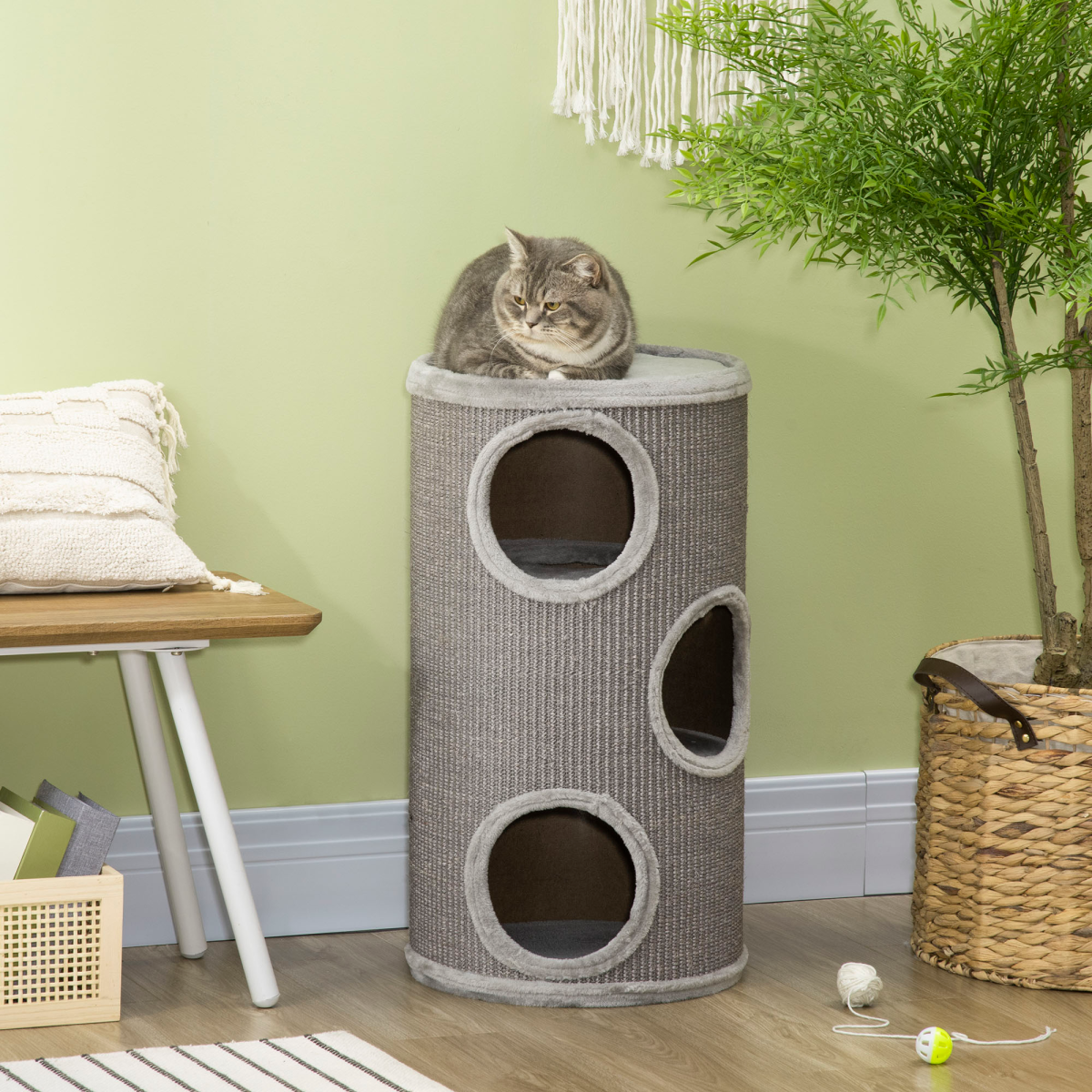 PawHut Light Grey Cat Barrel Tower with Sisal and Plush Platform