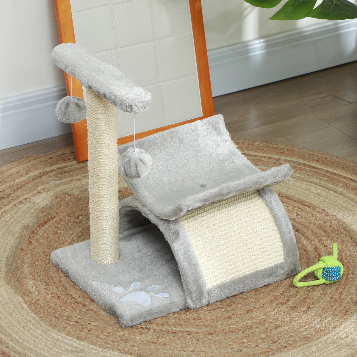 PawHut Small Cat Play Tower Plush Scratcher with Tunnel, Scratching Bridge and Dangling Balls