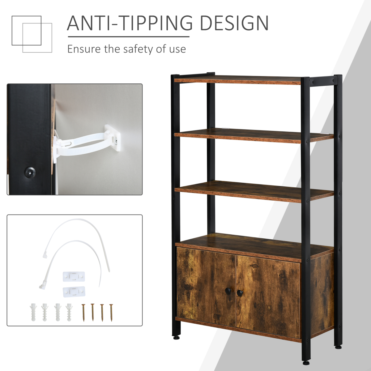 Industrial 3-Shelf Bookcase with Cupboard, Brown and Black