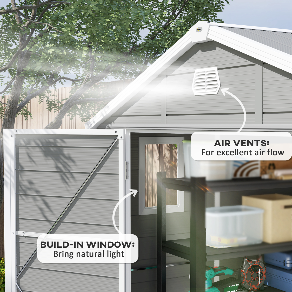 Outsunny 8 x 6ft Garden Storage Shed with Foundation Kit, Light Grey