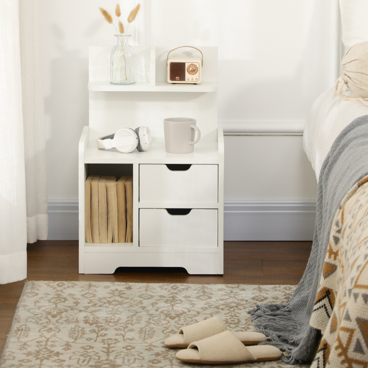Modern Bedside Table with 2 Drawers and Storage Shelves, Nightstand for Bedroom and Living Room
