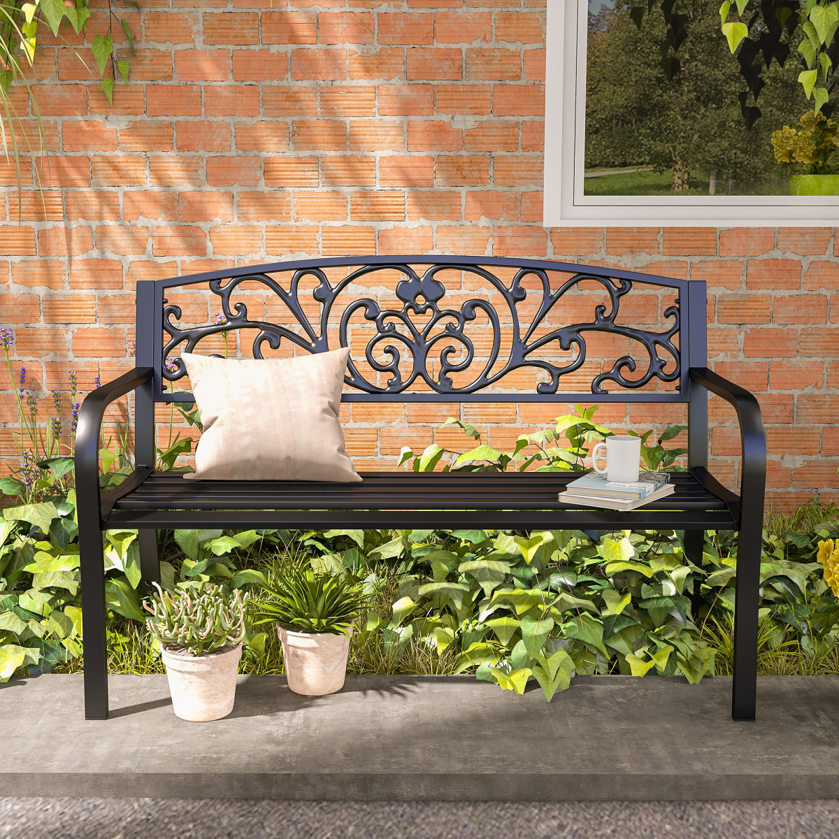Outsunny 2-Seater Steel Garden Bench with Floral Backrest