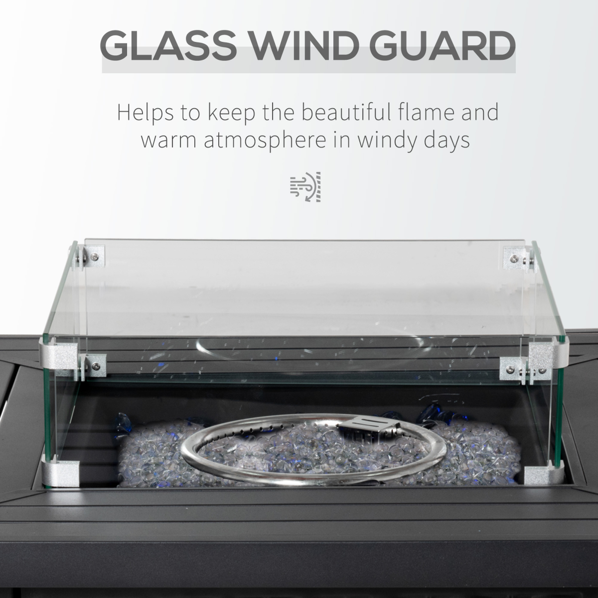 Outdoor Propane Gas Fire Pit Table with Glass Wind Screen and Glass Beads, Black, 50000 BTU, Outsunny