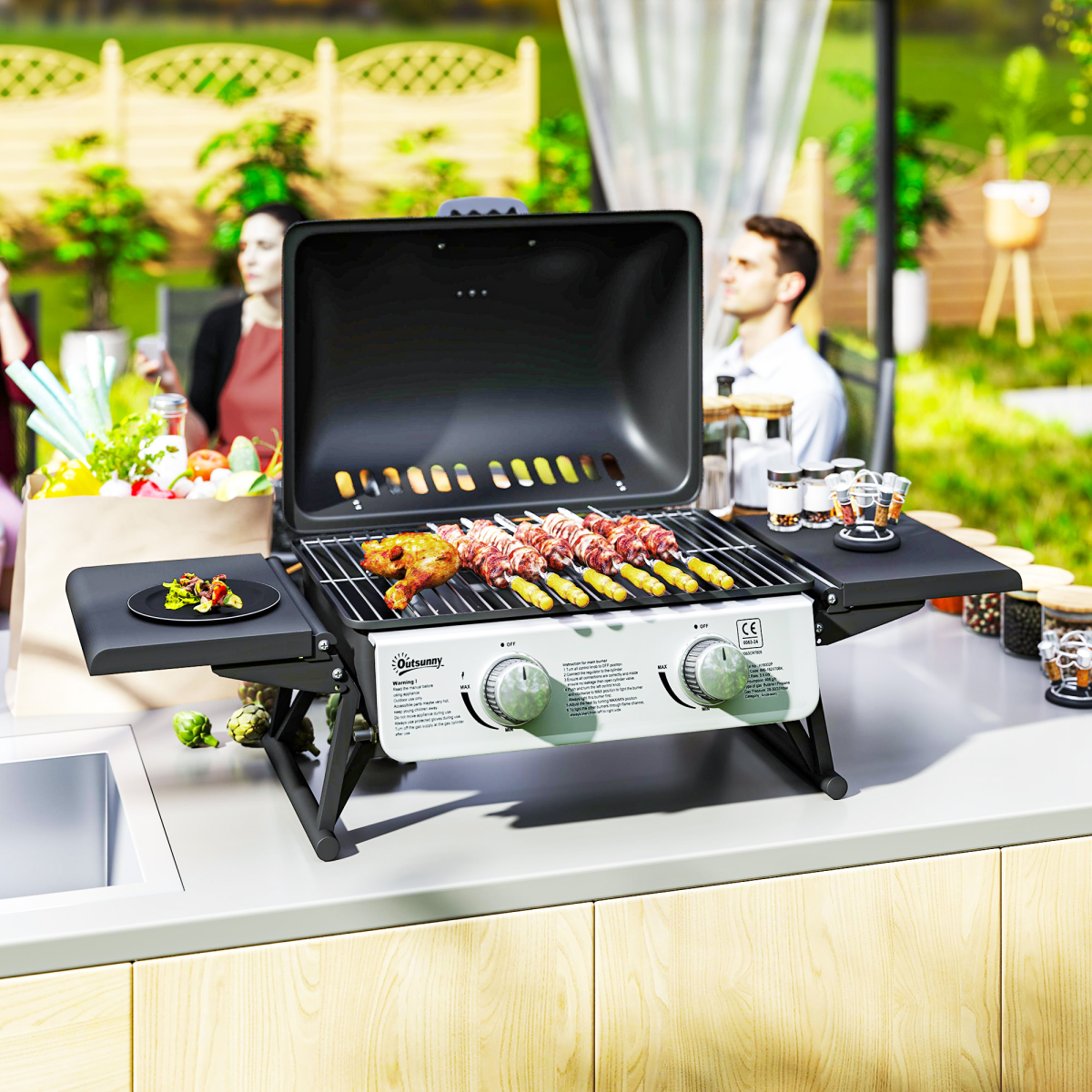 Outsunny Portable Tabletop Gas BBQ Grill with Thermometer, 2 Burners, Black