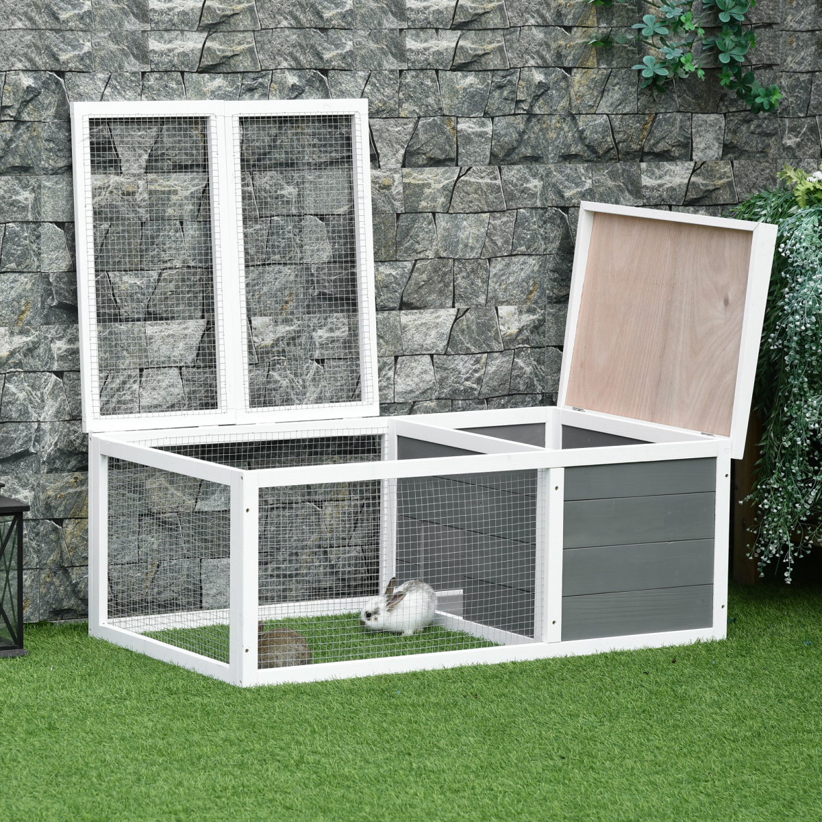 Rabbit Hutch Wooden Small Animal Cage with UV-Resistant Asphalt Roof, Indoor and Outdoor Pet Run Cover
