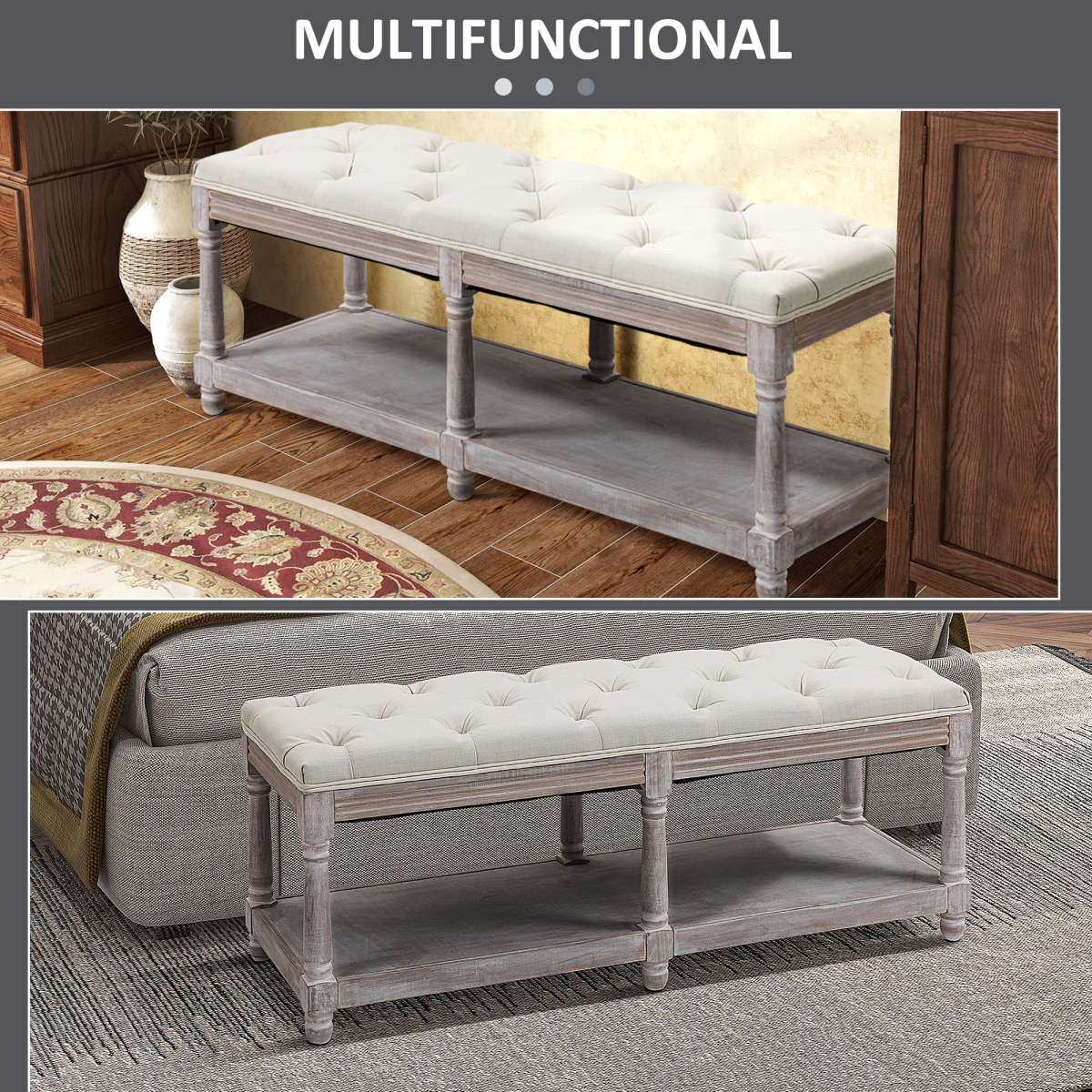 2-Tier Vintage Tufted Storage Bench, Cream White
