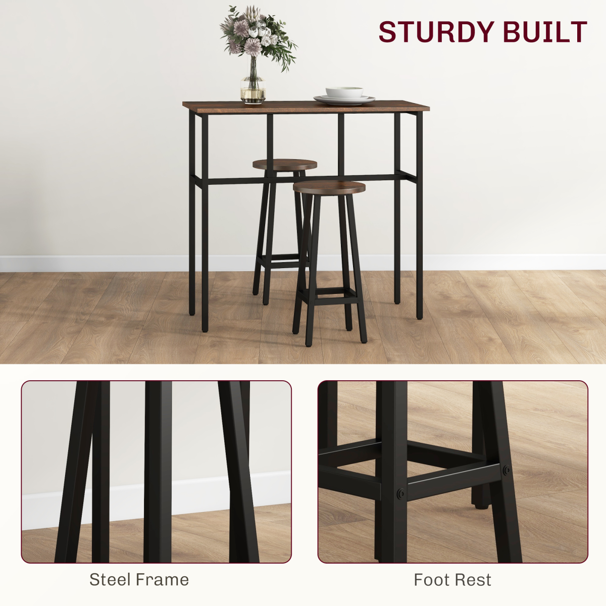 HOMCOM 6-Piece Industrial Bar Table Set, 2 Tables 4 Stools, Brown