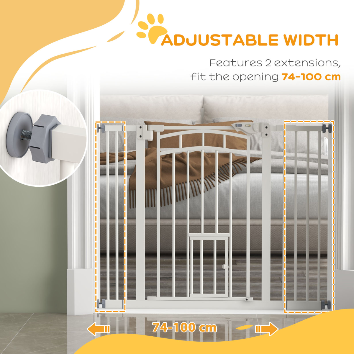 PawHut Pressure Fit Pet Safety Gate with Cat Door, 74-100cm