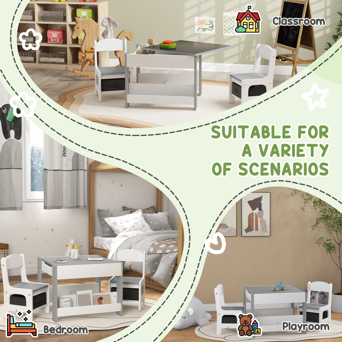 HOMCOM 3-Piece Kids Table and 2 Chairs Set with Storage, Grey