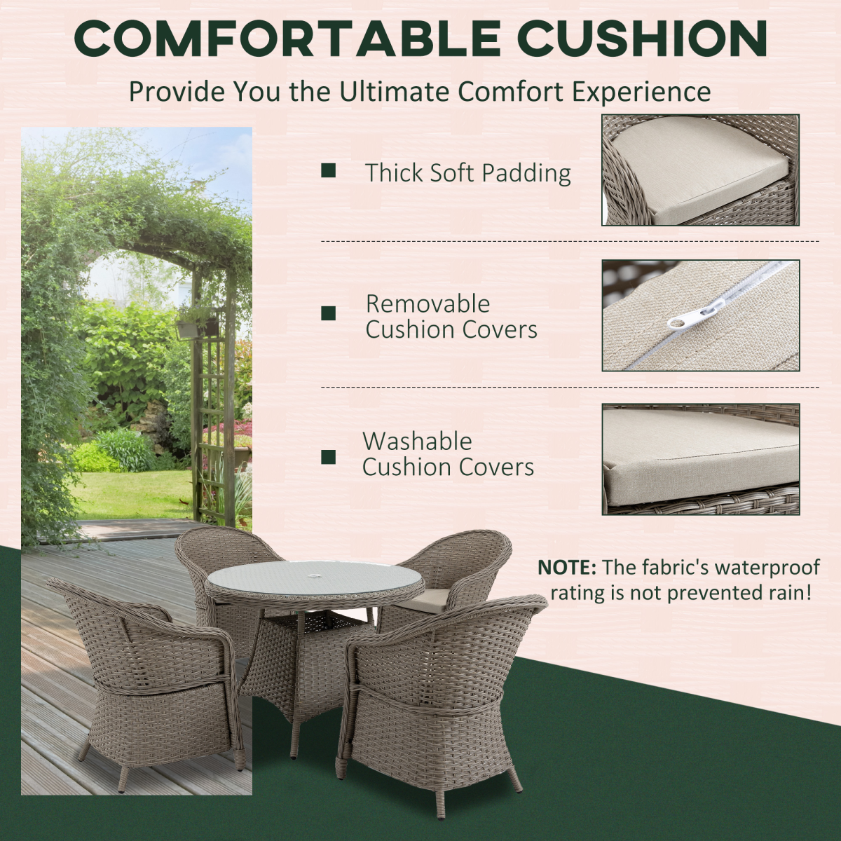 Outsunny 5-Piece Outdoor Patio PE Rattan Dining Set, Four-Seater, Grey, Tempered Glass Table, Cushioned Chairs, Umbrella Hole