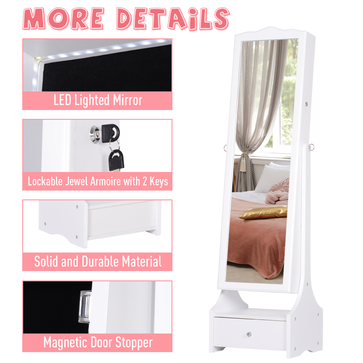 Freestanding Mirrored Jewelry Cabinet Armoire with Lock and LED Light, White