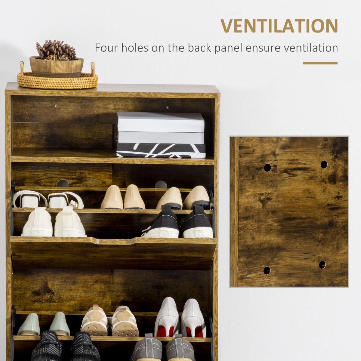 Rustic 2-Tipping-Door Shoe Cabinet with Adjustable Dividers and Open Shelf