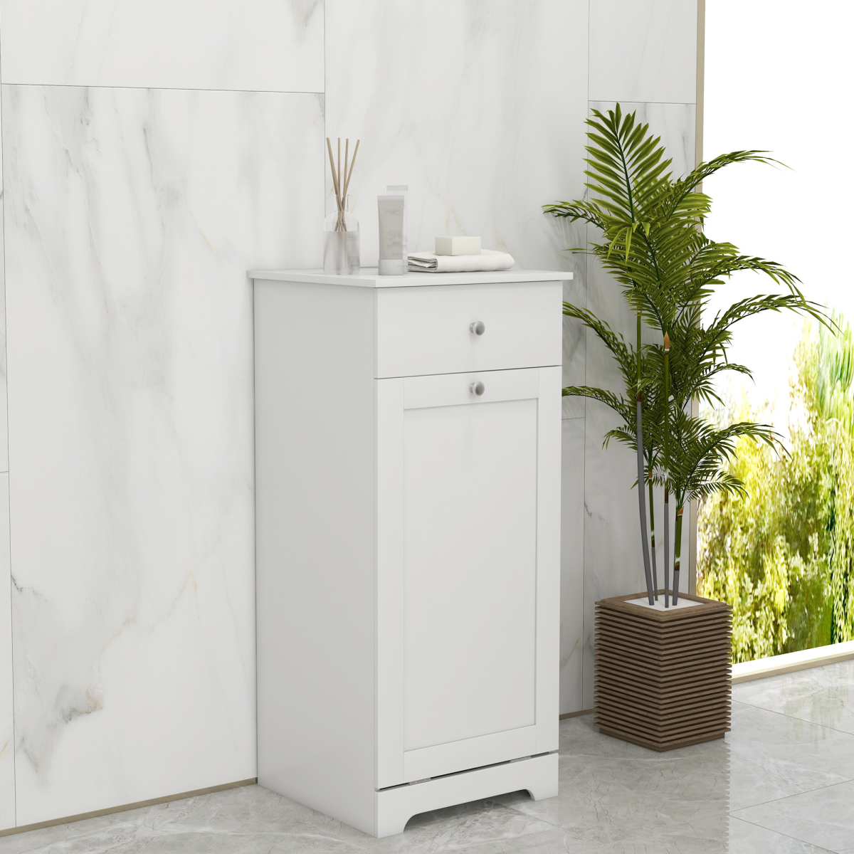 HOMCOM Bathroom Storage Cabinet with Hamper and Drawer, White