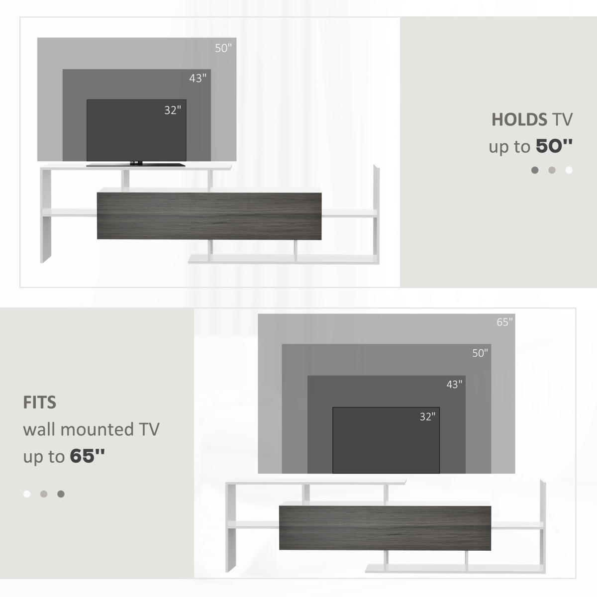 TV Cabinet Unit with Wall-Mounted Shelf and Open Shelves, White and Grey