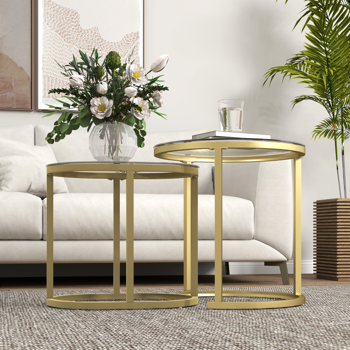 HOMCOM Set of 2 Tempered Glass Accent Tables with Gold Steel Frame